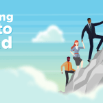 Getting fit to lead, three people climbing mountain holding hands with flag at the top