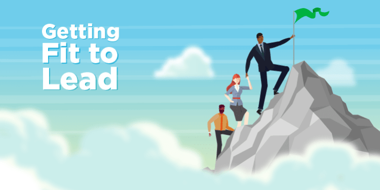Getting fit to lead, three people climbing mountain holding hands with flag at the top