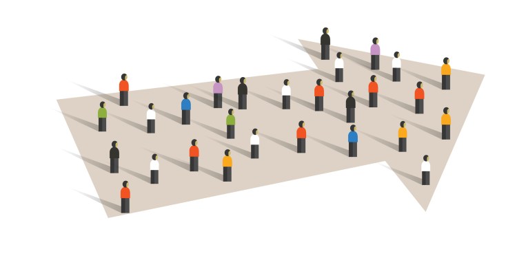 Graphic of directional arrow concept pointing forward with group of small people standing together, following the arrow.