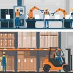 Graphic depicting the innovation of supply chain by showing a top floor where an office worker is working on a computer next to machines creating and boxing up a product, and below them there's a warehouse full of boxes where three employees load them onto a machine.