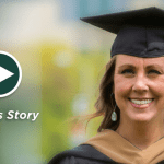 A video thumbnail with the title that reads "Angie's Story", with recent graduate Angie smiling in graduation attire.