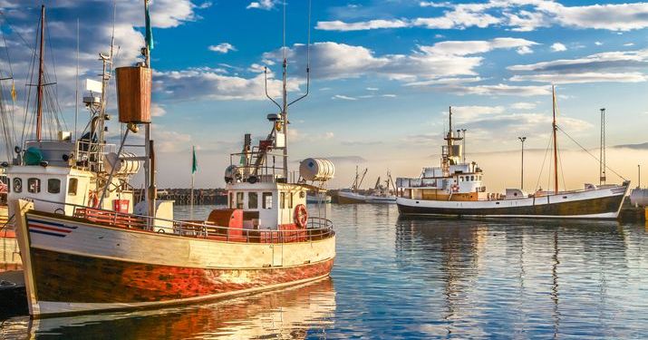 Ships that are part of the seafood supply chain docked in a harbor against the backdrop of a blue sky filled with clouds and a setting sun.