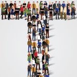 Aerial view of an illustration of small animated people standing in the shape of a "T" against a white background to exemplify t-shaped supply chain talent.
