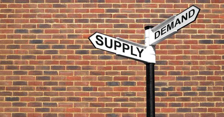 Directional sign with two arrows reading "supply" and "demand" against a brick wall.
