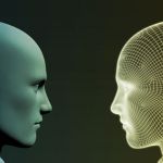 Graphic of two three-dimensional heads looking at each other: the one on the left is solid blue, the one on the right is made up of yellow gridlines.