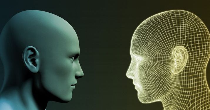 Graphic of two three-dimensional heads looking at each other: the one on the left is solid blue, the one on the right is made up of yellow gridlines.