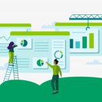 Graphic of people hanging up displays of information, data, and charts with a large crane.