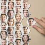 A collage of hexagonal portraits of people's faces being put together to show how data analytics can be used in people management.