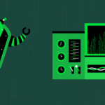 Graphic illustration showing an animated green smiling robot standing next to a green computer with meters, dials, screens, and buttons.