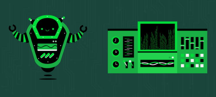 Graphic illustration showing an animated green smiling robot standing next to a green computer with meters, dials, screens, and buttons.