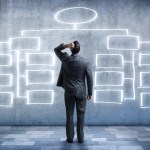 A businessman looks in bewilderment at an imaginary flow chart on the wall in front of him. The businessman is standing with his back to the camera and his hand is on top of his head. The flow chart bubbles are empty.
