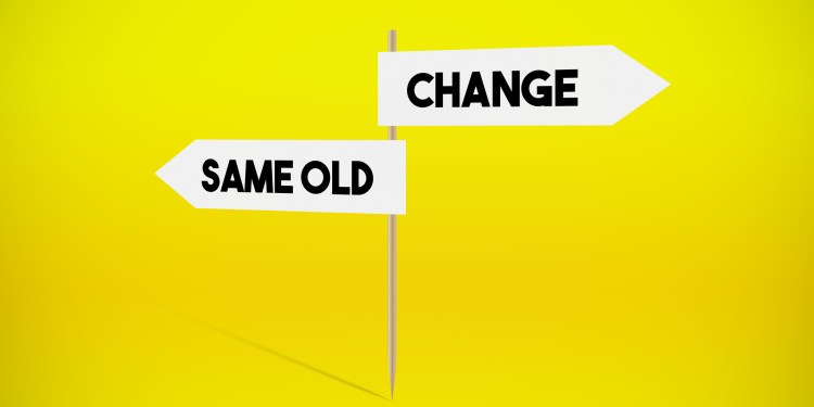 Change and Same old Directional Signboard on Yellow Background. Horizontal composition with copy space.