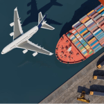 Airplane flying over a container ship docked at a port, symbolizing global logistics and supply chain transportation.