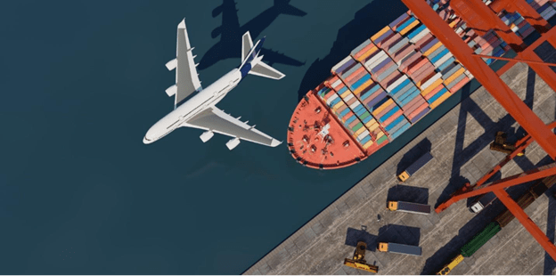 Airplane flying over a container ship docked at a port, symbolizing global logistics and supply chain transportation.