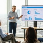 A business professional stands in a modern office presenting data to a small seated team, gesturing toward a large screen displaying charts and graphs, with a city skyline visible through floor-to-ceiling windows.