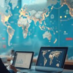 A man in a business suit sits at a desk working on a laptop, facing a large digital world map on the wall behind him that displays glowing data points and network connections across continents, suggesting global analytics or international operations.