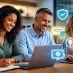 Three professionals working on laptops with floating icons representing security, certification, and innovation.