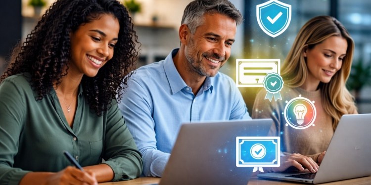 Three professionals working on laptops with floating icons representing security, certification, and innovation.