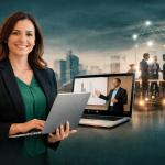 Businesswoman with a laptop, showing a virtual presentation, with a city skyline and digital networking scene in the background.