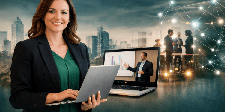 Businesswoman with a laptop, showing a virtual presentation, with a city skyline and digital networking scene in the background.
