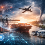 Global supply chain scene with cargo ship, train, trucks, and airplane under a storm with a tornado, overlaid with digital network and security icons.