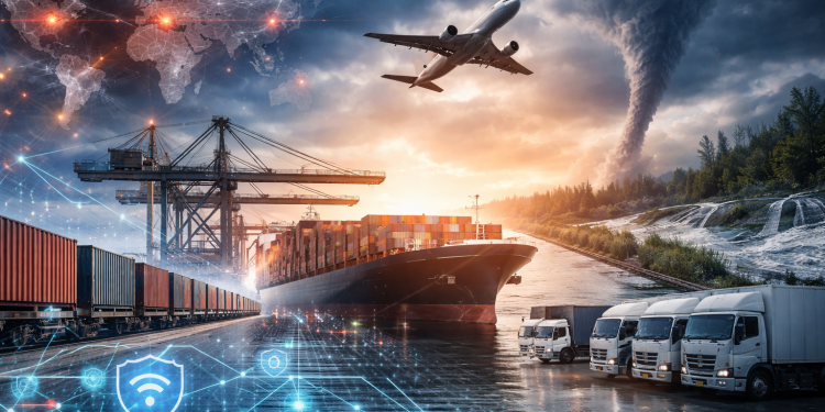 Global supply chain scene with cargo ship, train, trucks, and airplane under a storm with a tornado, overlaid with digital network and security icons.