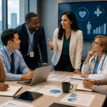 Healthcare leadership team meeting in a modern conference room discussing patient care, healthcare analytics, and organizational strategy.
