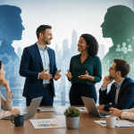 Business team meeting in a modern office with collaboration and growth graphics overlaid in the background.