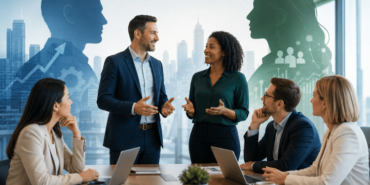 Business team meeting in a modern office with collaboration and growth graphics overlaid in the background.
