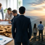 A businessman stands between a team planning session with charts and gears and a group overlooking a winding path at sunrise, symbolizing leadership and strategy.