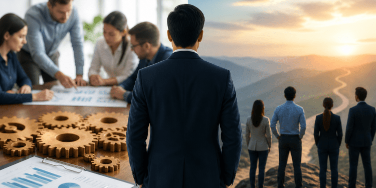 A businessman stands between a team planning session with charts and gears and a group overlooking a winding path at sunrise, symbolizing leadership and strategy.