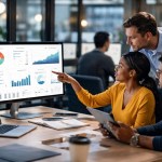 Three coworkers review charts on a large monitor in an office, with one pointing at the data.
