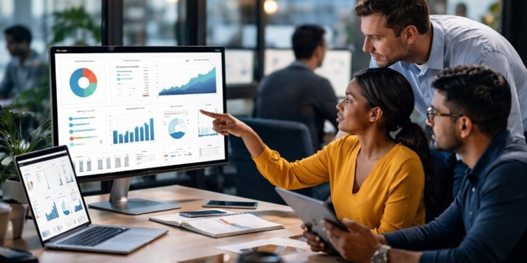 Three coworkers review charts on a large monitor in an office, with one pointing at the data.