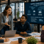 Business professionals discuss supply chain resilience strategies during a team meeting, with a presentation screen displaying key risk factors and planning insights.