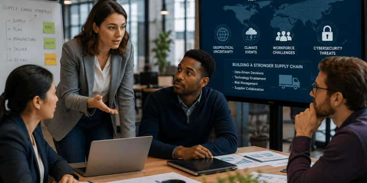 Business professionals discuss supply chain resilience strategies during a team meeting, with a presentation screen displaying key risk factors and planning insights.
