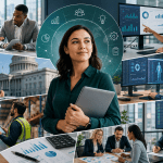 Professional woman holding a tablet, surrounded by scenes of colleagues analyzing data, collaborating in meetings, and managing business operations.