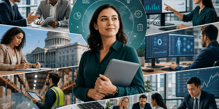 Professional woman holding a tablet, surrounded by scenes of colleagues analyzing data, collaborating in meetings, and managing business operations.