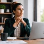 Person in business attire sitting at a desk with a laptop, looking thoughtfully out a window.