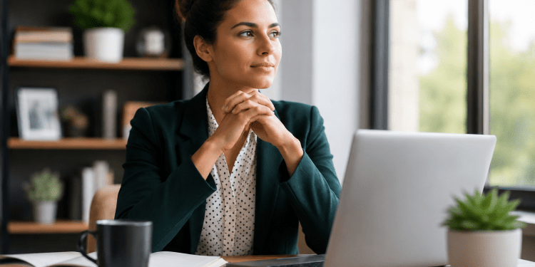 Person in business attire sitting at a desk with a laptop, looking thoughtfully out a window.
