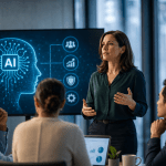 Business leader presenting AI strategy to a team in a modern office, with an AI graphic displayed on a screen.