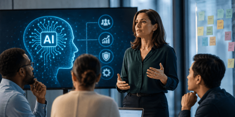 Business leader presenting AI strategy to a team in a modern office, with an AI graphic displayed on a screen.