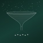 A minimalist illustration of a martini-shaped funnel on a dark green background, with scattered dots above and a curved line of connected dots below.
