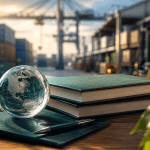 A glass globe, notebooks, and a pen on a table overlooking a busy shipping container port with cranes and industrial buildings in the background.