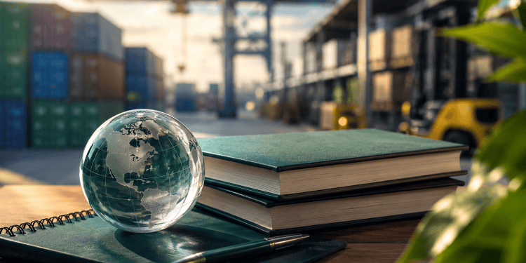 A glass globe, notebooks, and a pen on a table overlooking a busy shipping container port with cranes and industrial buildings in the background.