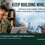 Promotional banner for MSU’s online M.S. in Supply Chain Management, featuring a service member using a laptop and global shipping imagery.
