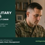 Michigan State University graphic promoting its Master of Science in Supply Chain Management for military logistics professionals, featuring a service member using a laptop.