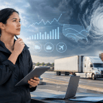 Logistics professional analyzing global supply chain trends, transportation networks, and weather risks with trucks, cargo containers, and a U.S. map.