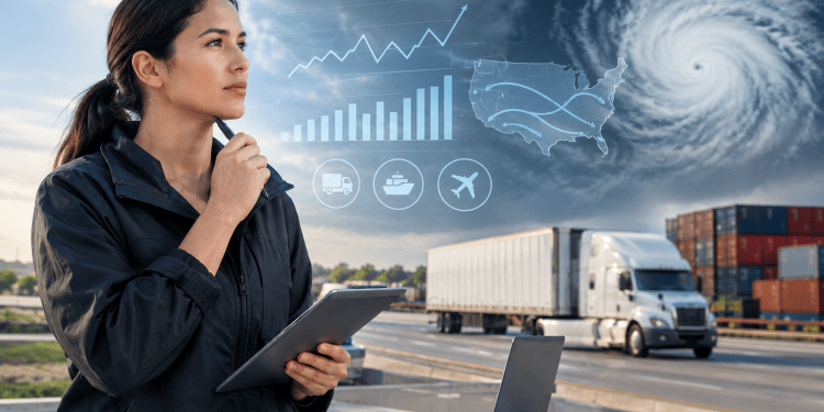 Logistics professional analyzing global supply chain trends, transportation networks, and weather risks with trucks, cargo containers, and a U.S. map.